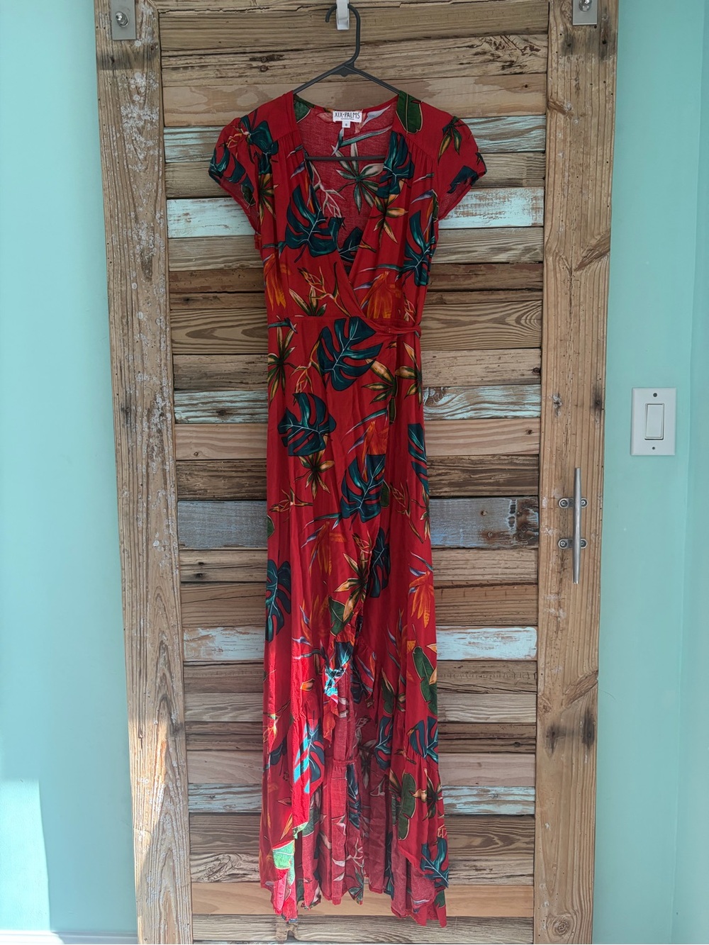 XIX Palms Honolulu Red Tropical Wrap Maxi Dress Size Small Rare